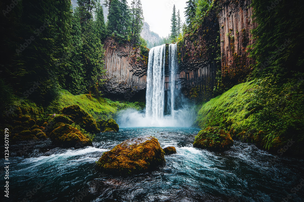 Obraz premium Majestic waterfall cascades through a vibrant forest filled with towering trees and lush greenery in stunning detail