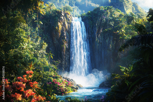 Majestic waterfall cascading through a vibrant tropical jungle with lush greenery and colorful flowers in high detail