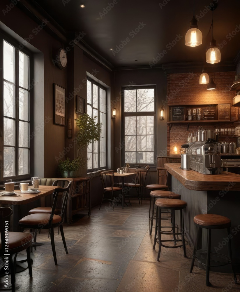 Dimly lit cafe with a cup of coffee and a cozy atmosphere , cafe, focus Dimly lit cafe with a cup of coffee and a cozy atmosphere , cafe, focus