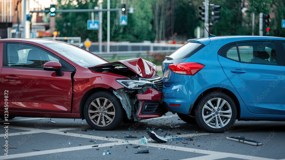 Dramatic two cars collision on urban road featuring a high impact vehicle crash with bent metal shattered glass chaotic traffic, emergency response and multi-accident analysis in urban crash aftermath Dramatic two cars collision on urban road featuring a high impact vehicle crash with bent metal shattered glass chaotic traffic, emergency response and multi-accident analysis in urban crash aftermath