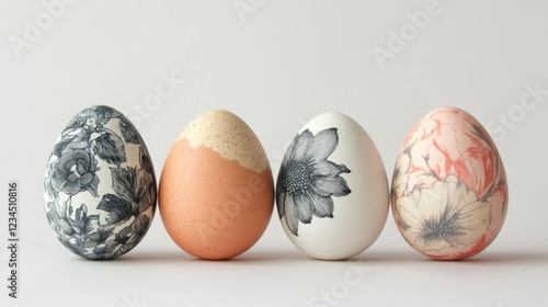 At the bottom of the image are five eggs with free space on top of image for text, creative flower black pattern on pastel colors eggs, white background photo