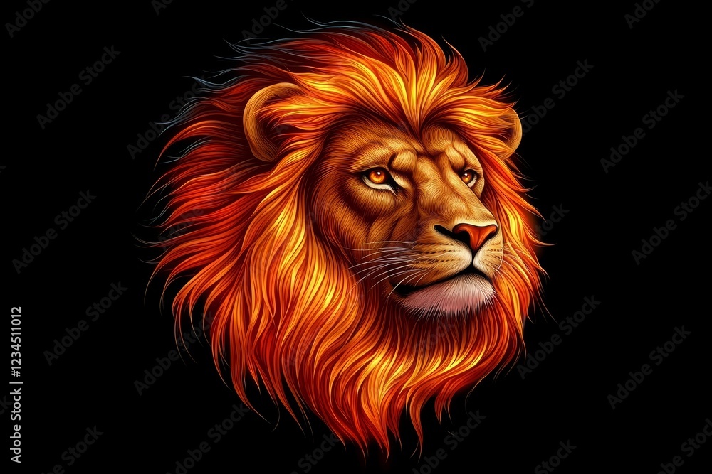 Obraz premium Majestic Lion with Fiery Orange Mane on Black Background