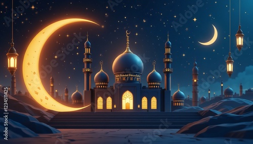Majestic Mosque Night Scene Ramadan Kareem Islamic Crescent Moon Stars Illuminated Architecture Digital Art Design Festive Celebration Background Illustration Blue Dark  