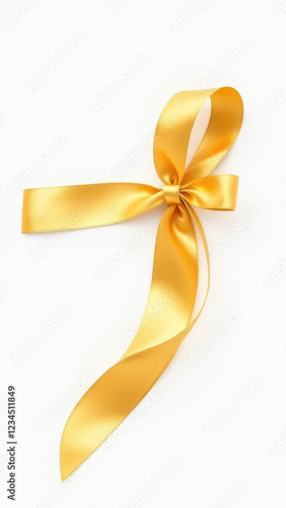 Fototapeta premium Elegant gold ribbon bow tied neatly in a loop, set against a pristine white background, gold ribbon bow, elegant decoration