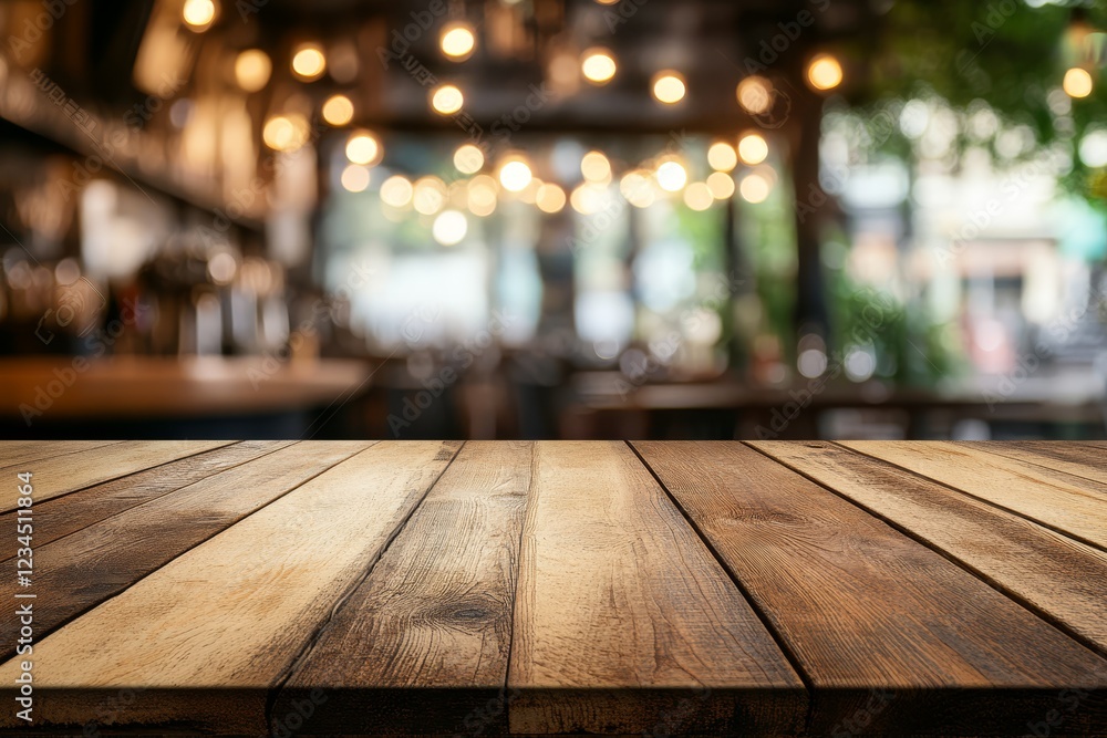 Empty wooden table in front of blurred cafe background. (3) Empty wooden table in front of blurred cafe background. (3)