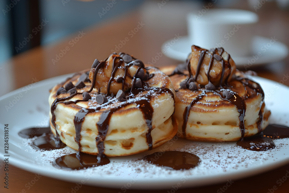 Fluffy Pancakes with Chocolate Drizzle, Ice Cream, and Powdered Sugar on a Plate Fluffy Pancakes with Chocolate Drizzle, Ice Cream, and Powdered Sugar on a Plate