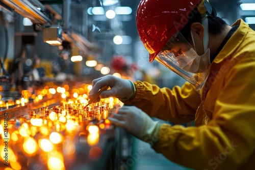 Factory Worker Inspecting Illuminated Components on Assembly Line