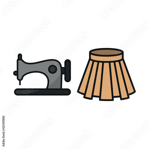 Sewing machine and skirt set tailor and fashion icon featuring a stylish and modern look, ideal for tailor shops, textile businesses, and garment-related visuals.