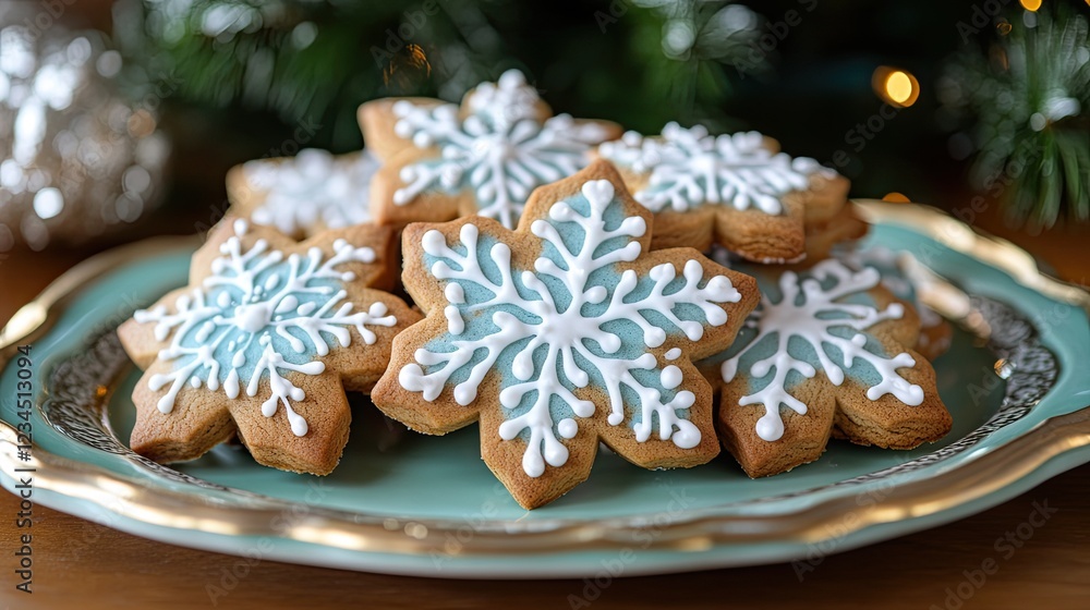 Gingerbread cookies, decorated with royal icing snowflakes, rest on a plate, ready for the season. - Gingerbread cookies, decorated with royal icing snowflakes, rest on a plate, ready for the season. -