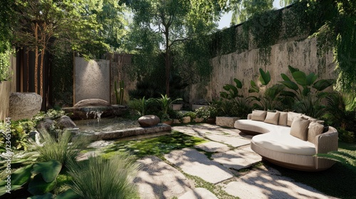 Serene Oasis: Tranquil Courtyard Design with Lush Greenery and Water Feature photo