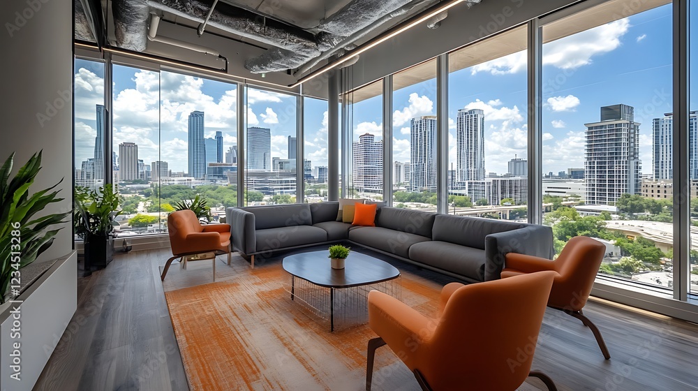 Stunning Cityscape View from Modern Office Lounge