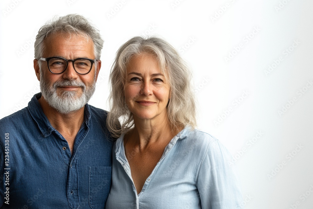 un couple de plus de 50 ans, debout devant un fond blanc un couple de plus de 50 ans, debout devant un fond blanc