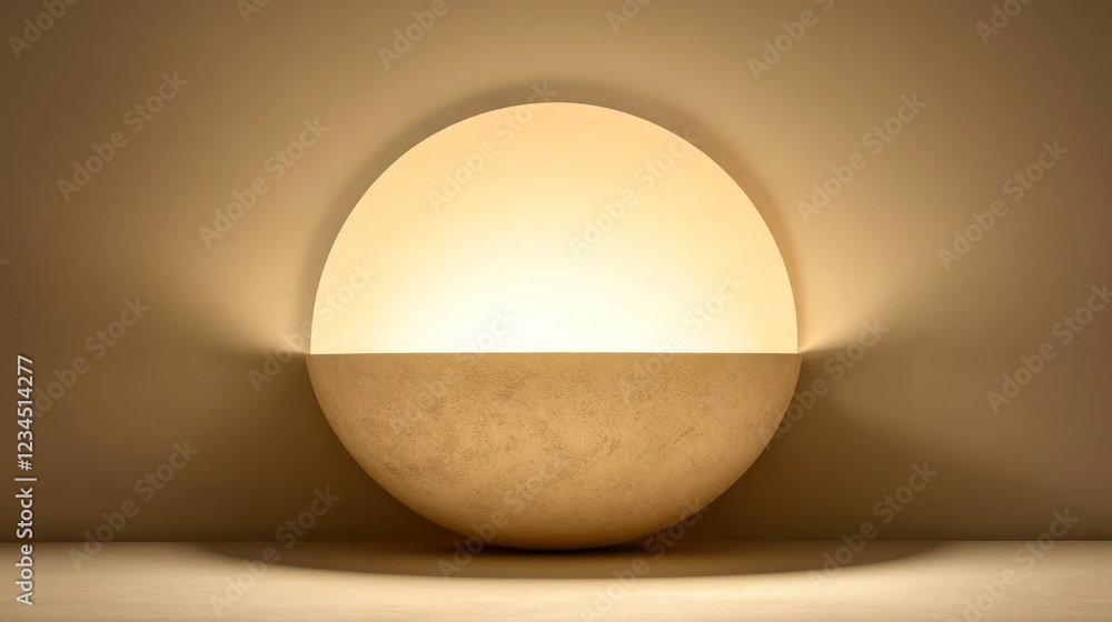 Illuminated half-circle wall lamp, warm light, beige wall, minimalist interior, home decor Illuminated half-circle wall lamp, warm light, beige wall, minimalist interior, home decor