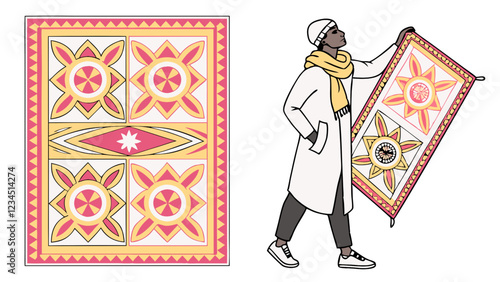 Arabic man in traditional clothes with a carpet. Vector illustration.