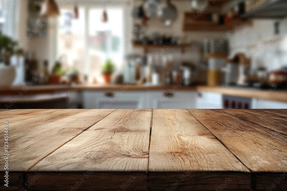 Rustic wooden table in front of blurred kitchen background. Rustic wooden table in front of blurred kitchen background.