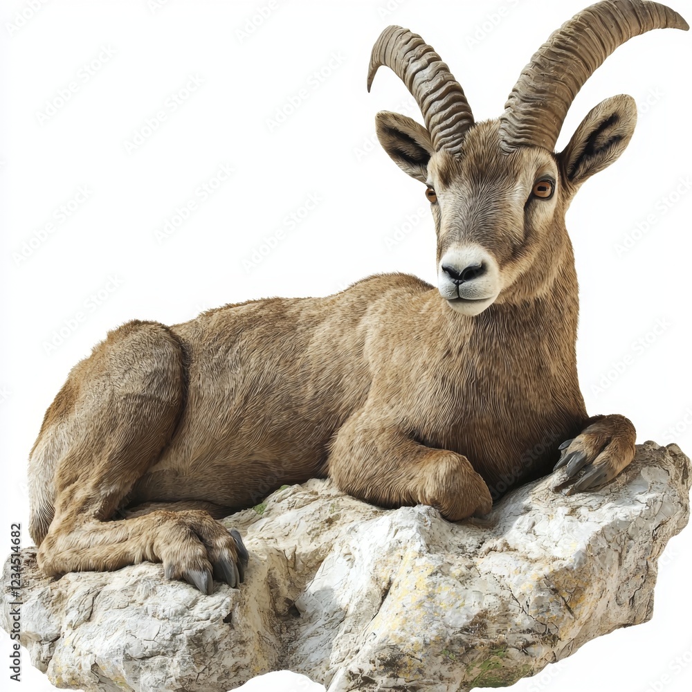 Majestic Mountain Goat Relaxing on Rocky Surface with Elegant Curved Horns and Soft Fur Texture Majestic Mountain Goat Relaxing on Rocky Surface with Elegant Curved Horns and Soft Fur Texture