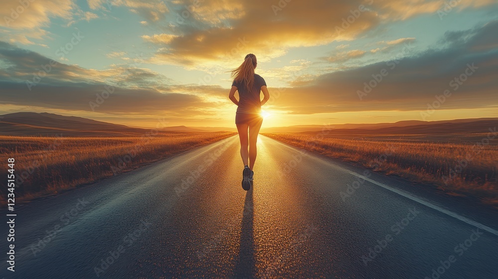 Woman runs sunset road countryside freedom journey Woman runs sunset road countryside freedom journey