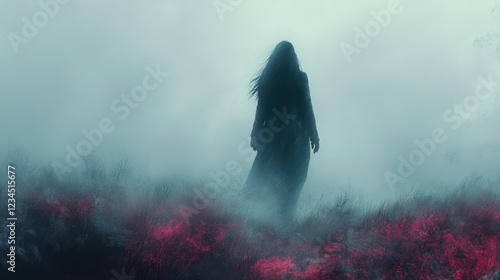 Wallpaper Mural Foggy, mystical woman in dark gown, misty field, red glow in background Torontodigital.ca