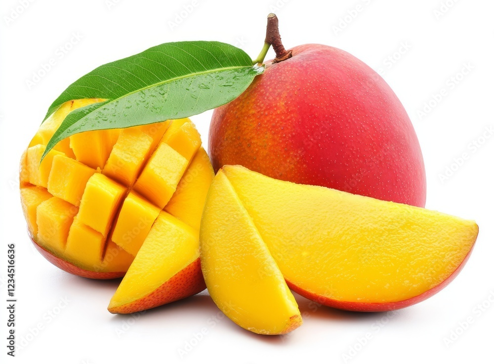 Ripe mango fruit with slices and leaf isolated on white.