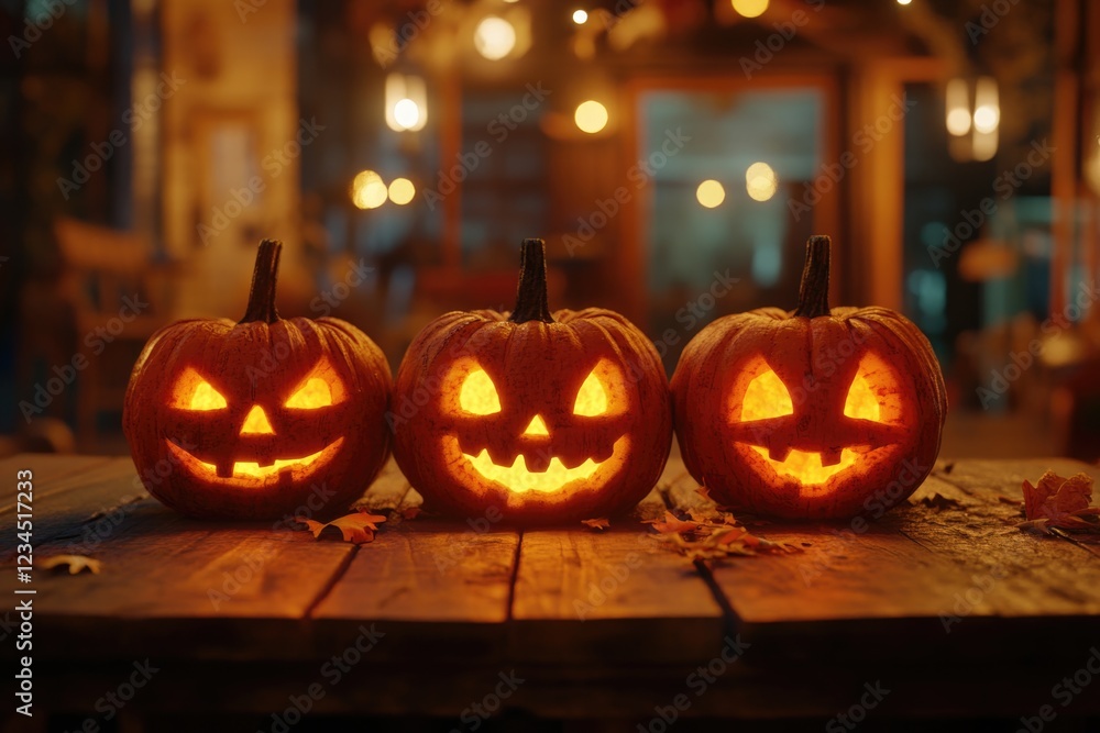 Carved Pumpkins on Wooden Table Carved Pumpkins on Wooden Table