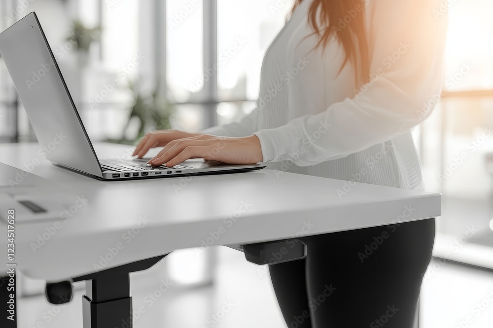 Modern Workplace Desk Setup with Laptop and Focused Young Professional