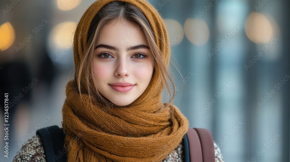Young woman in scarf, urban setting, smiling Young woman in scarf, urban setting, smiling