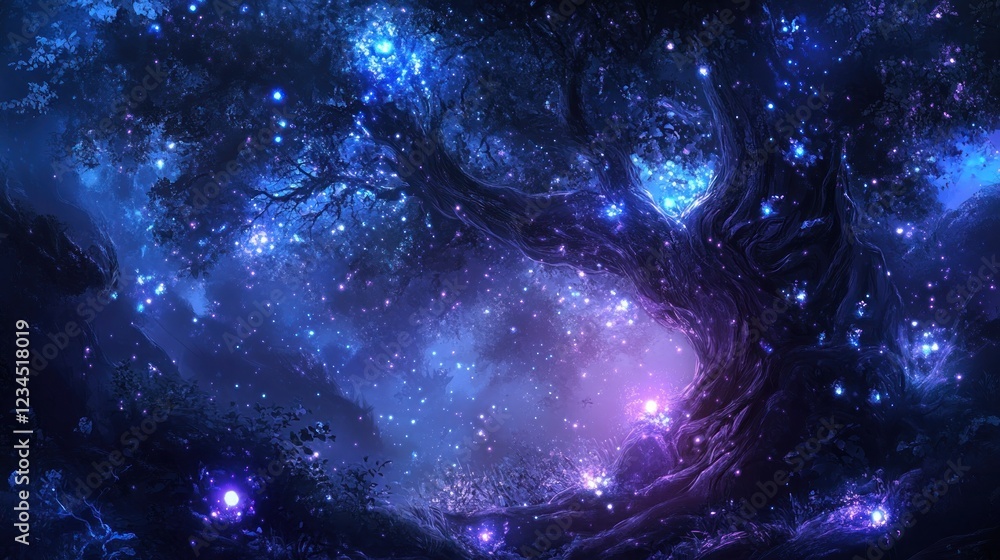 Glowing magical tree in a mystical night forest. Glowing magical tree in a mystical night forest.
