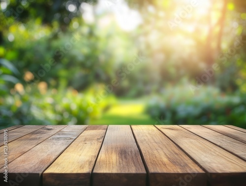Wooden table in front of blurred sunlit garden background.