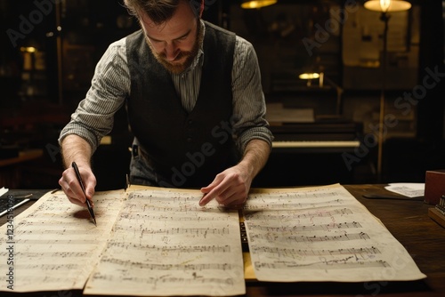 Obraz na płótnie Musician Composing Original Sheet Music in Vintage Workshop Atmosphere w salonie