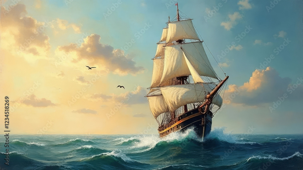 Obraz premium Spanish sailing ship on turquoise ocean waves against dramatic sunset sky with seagulls