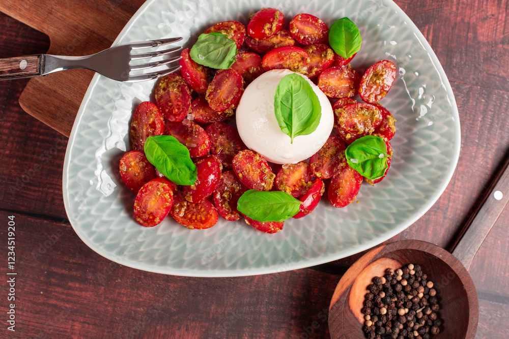 Farmer Italian soft cheese mozzarella served with fresh basil and red cherry tomatoes Farmer Italian soft cheese mozzarella served with fresh basil and red cherry tomatoes
