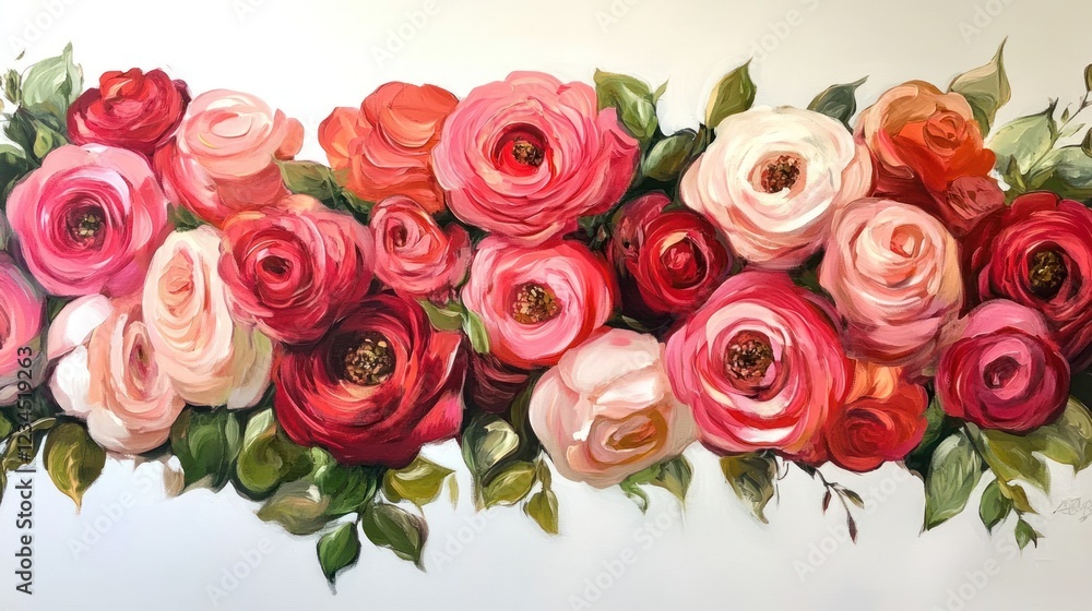 Lush horizontal arrangement of pink, red, and coral roses with green leaves. Lush horizontal arrangement of pink, red, and coral roses with green leaves.