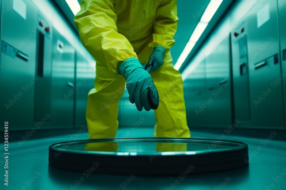 Obraz premium Person in Protective Suit Handling Object on Reflective Surface