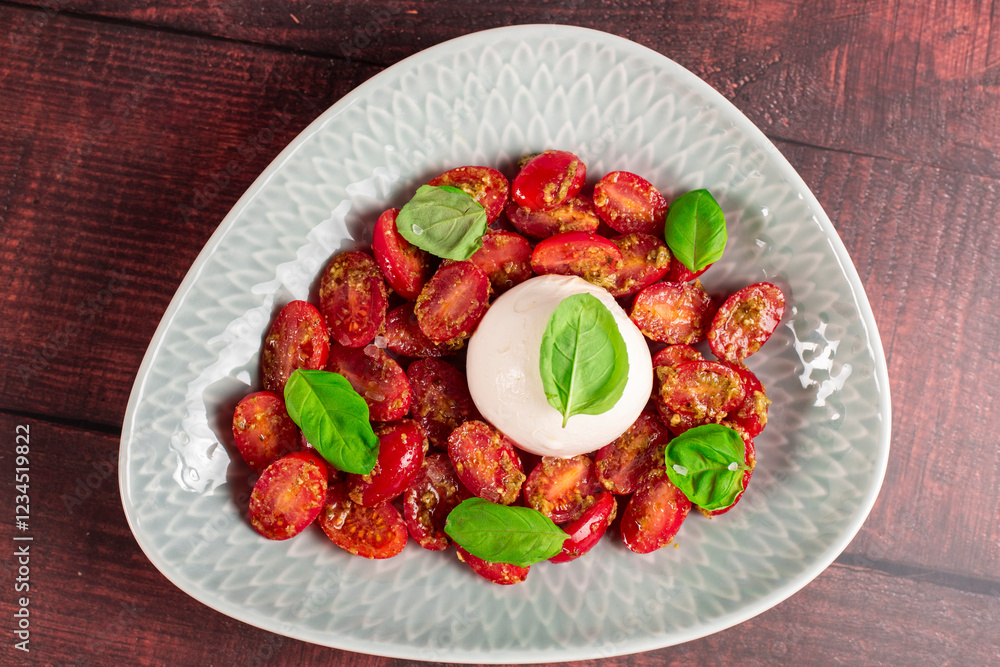 Farmer Italian soft cheese mozzarella served with fresh basil and red cherry tomatoes Farmer Italian soft cheese mozzarella served with fresh basil and red cherry tomatoes