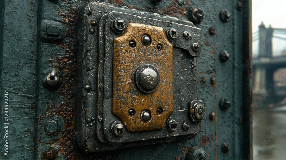 Fototapeta premium Rusty metal lock on bridge gate, city backdrop