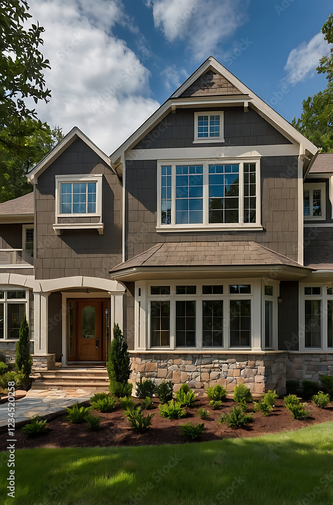 Luxury Modern Home Exterior: Architectural Design and Landscaping. A stunning contemporary house with stone accents, showcasing beautiful landscaping and modern design elements. Luxury Modern Home Exterior: Architectural Design and Landscaping. A stunning contemporary house with stone accents, showcasing beautiful landscaping and modern design elements.