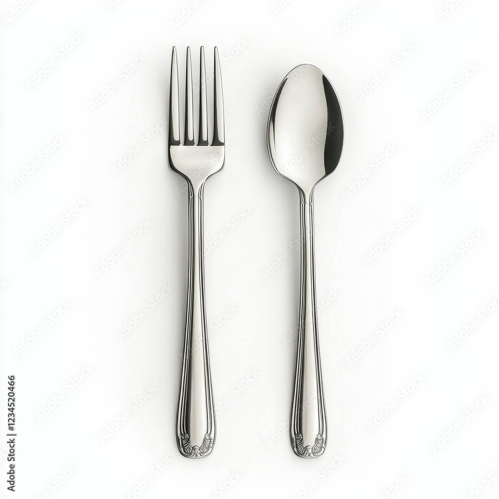 A fork and a spoon are arranged side by side, showcasing their shiny metallic surfaces and elegant design. A fork and a spoon are arranged side by side, showcasing their shiny metallic surfaces and elegant design.