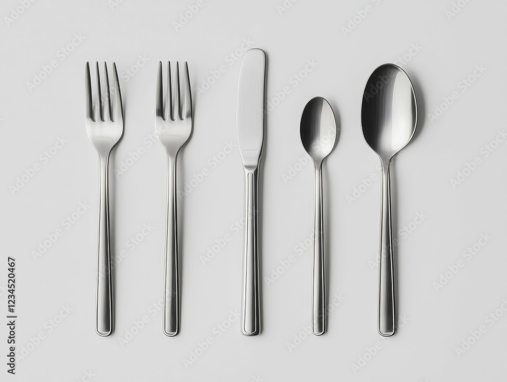 A set of sleek stainless steel cutlery displayed on a neutral background, featuring a fork, knife, and spoon, emphasizing modern dining aesthetics. A set of sleek stainless steel cutlery displayed on a neutral background, featuring a fork, knife, and spoon, emphasizing modern dining aesthetics.