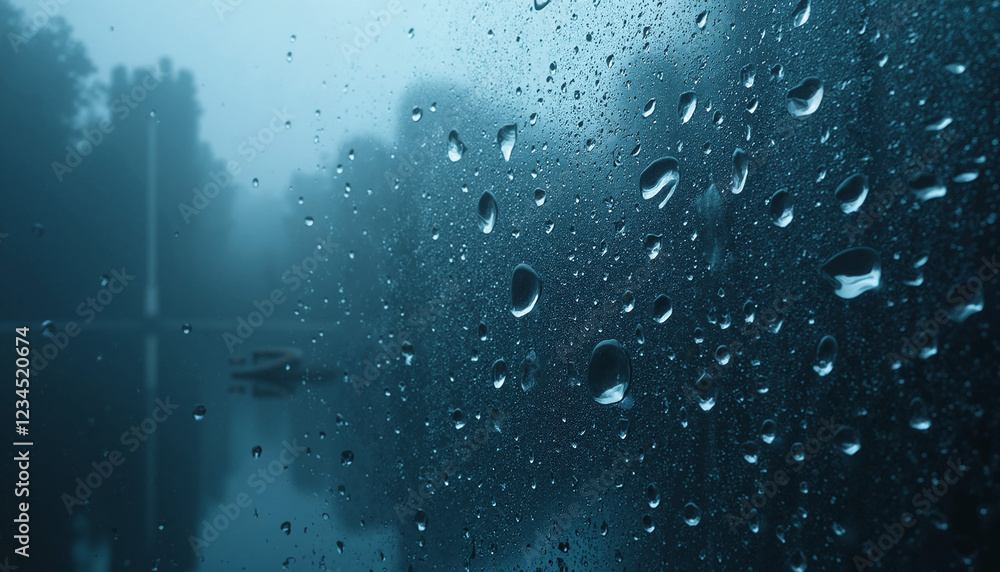 Obraz premium Close-up of raindrops on glass with misty forest view 