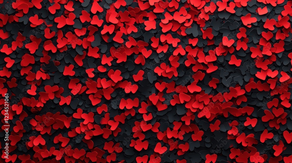 Red and black hearts scattered creating textured pattern, use for valentines or romantic events Red and black hearts scattered creating textured pattern, use for valentines or romantic events