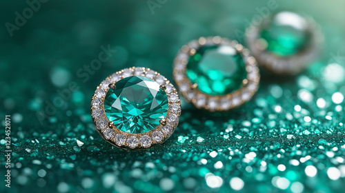 Stunning emerald gemstones with diamond halos on a sparkling green surface