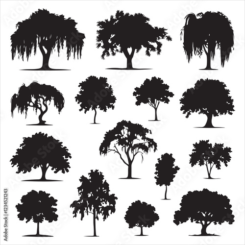 set of black vector willow tree silhouette	