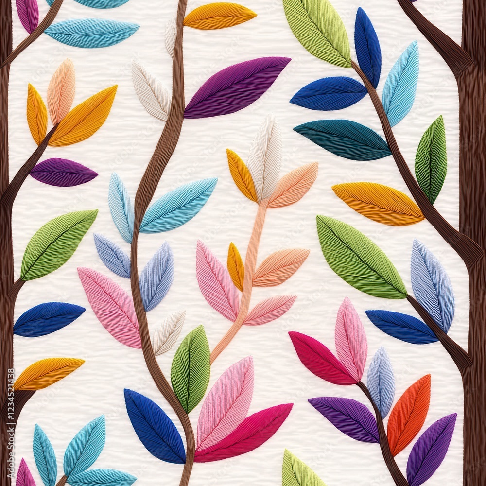 Fototapeta premium Colorful Embroidered Leaves and Branches Textile Pattern
