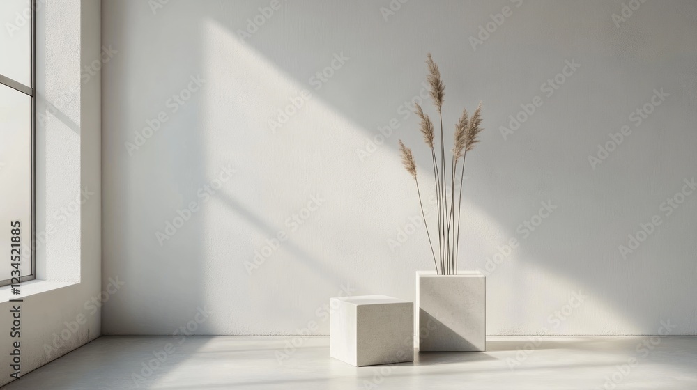 Fototapeta premium Minimalist pampas grass display, bright room, sunlight, white cubes, interior design mockup
