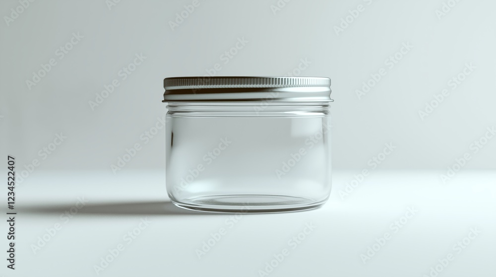 Clear glass jar with metallic lid placed on a simple white surface Clear glass jar with metallic lid placed on a simple white surface