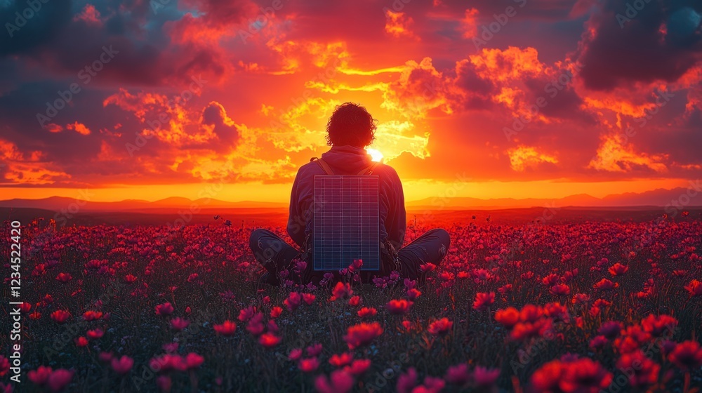 Man meditates amidst sunset wildflowers, solar panel backpack, mountains Man meditates amidst sunset wildflowers, solar panel backpack, mountains