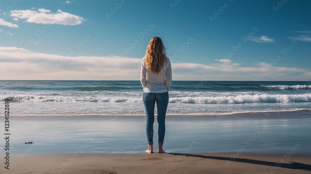 Woman Standing on Clean Beach with Ocean View and Blue Sky Woman Standing on Clean Beach with Ocean View and Blue Sky