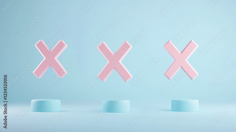 Fototapeta premium Abstract composition featuring three floating pink crosses above circular blue bases against a soft pastel backdrop, perfect for illustrating rejection or negation concepts.