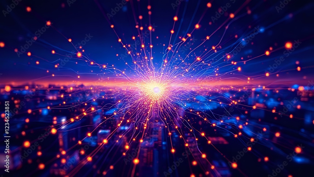 Obraz premium Galactic Cityscape at Dusk - Vibrant Neural Network Visualization