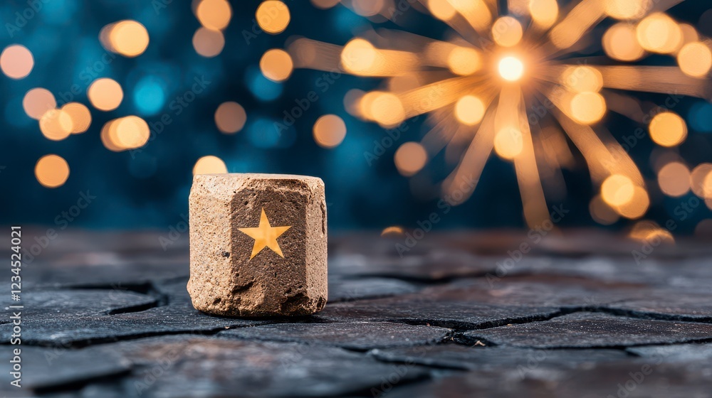 Golden Star Cube on Dark Stone with Sparkling Fireworks Background Golden Star Cube on Dark Stone with Sparkling Fireworks Background